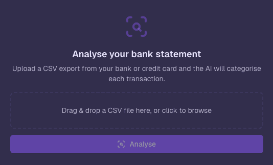 CSV upload screen for bank statement analysis