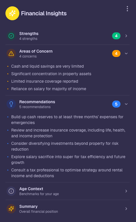 Financial insights panel showing strengths and recommendations