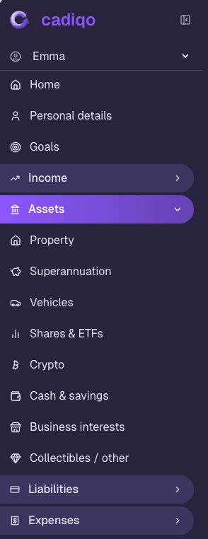 Sidebar showing full list of asset categories including property, shares, and crypto